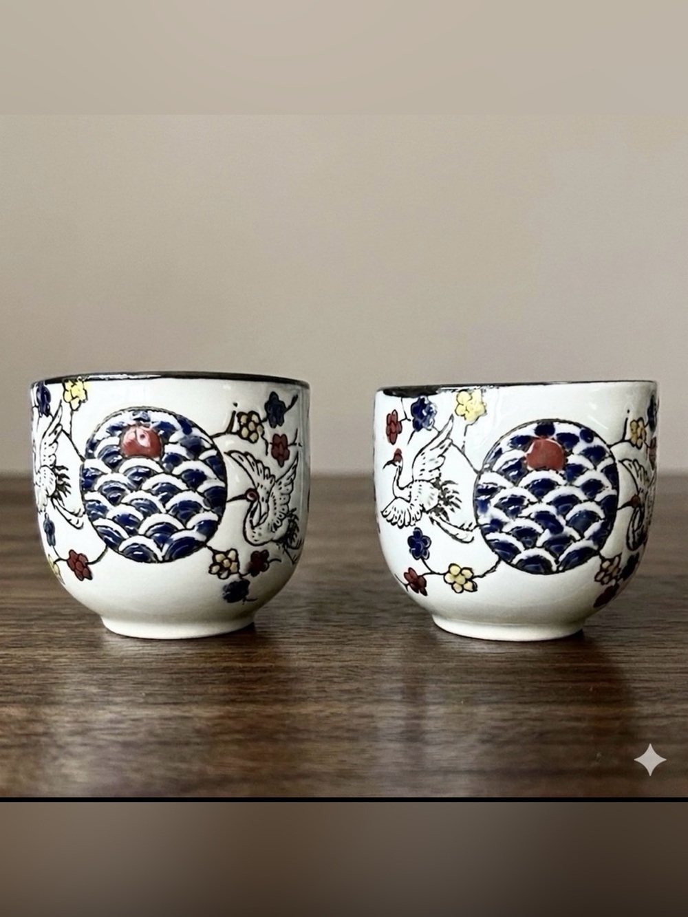 Set Of 2 EBROS GIFT Sake / Tea Cups Flying White Storks Red Moon Night Sky